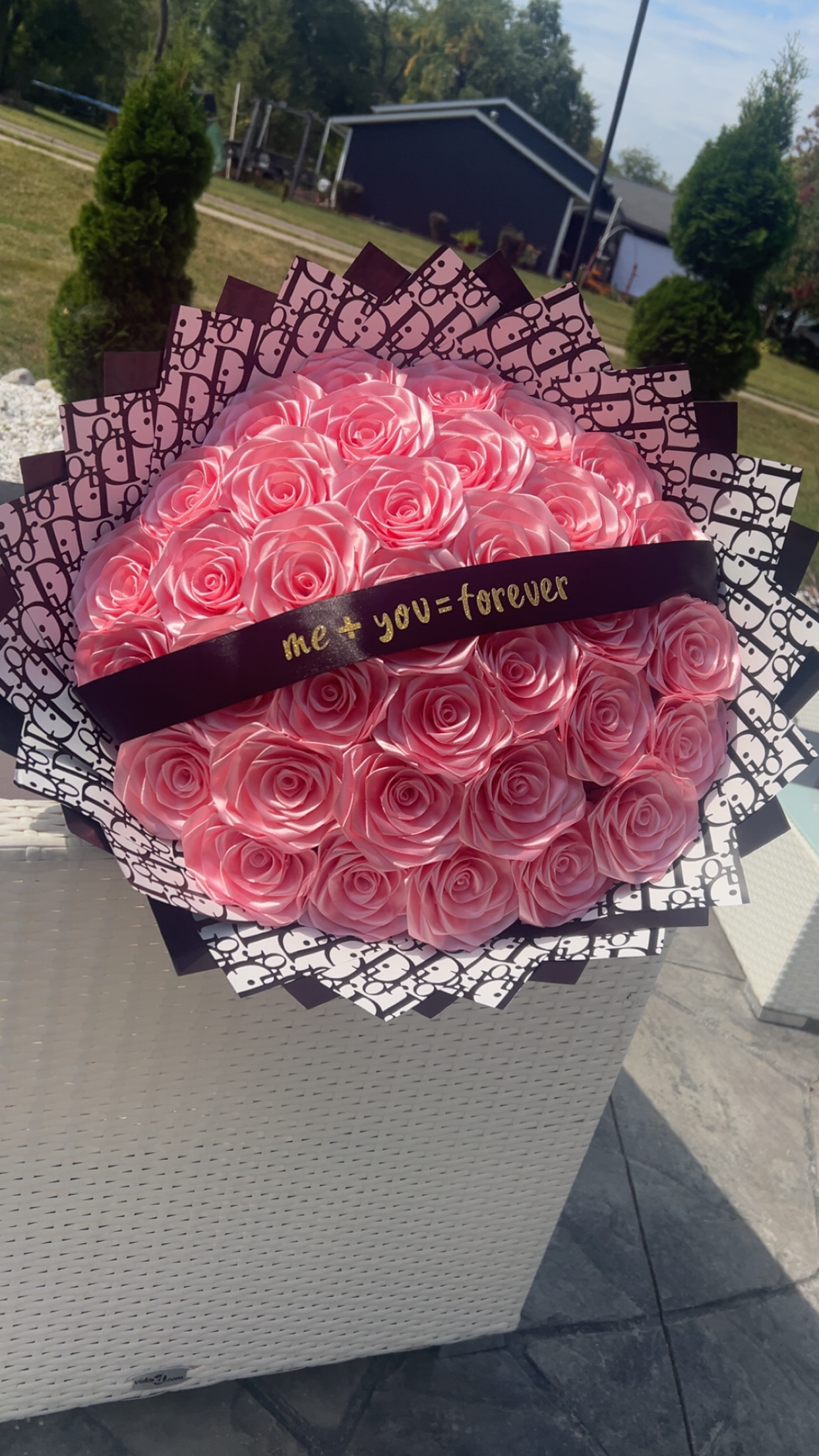 Pink eternal rose bouquet with ribbon